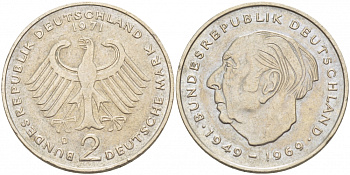 ФРГ 2 марки 1971 D, Теодор Хойс KM 127, J. 407 медно-никель плакированный никелем  3996-617