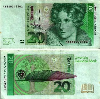 ФРГ 20 МАРОК 1991 1 АВГУСТА 1991, АННЕТТЕ фон ДРОСТЕ-ХЮЛЬСХОФФ (1797-1848), ПОДПИСЬ Schlesinger-Tietneyer Pick 39а бумага 6280-13-4-2