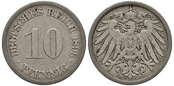 ГЕРМАНИЯ 10 ПФЕННИГОВ 1896 F KM 12, Jager 13, Weege 8 медно-никель 4538-814