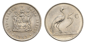 ЮАР 5 центов 1983 герб, райский журавль KM 84 никель UNC 4598-743