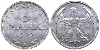 ГЕРМАНИЯ 3 МАРКИ 1922 А KM 28, J. 302 алюминий 4380-711