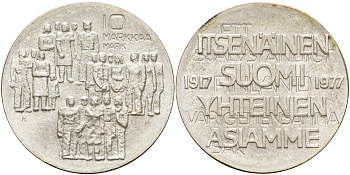 Финляндия 10 марок 1977 K-H, 60 лет независимости (1917-1977) KM 55 серебро 4558-425