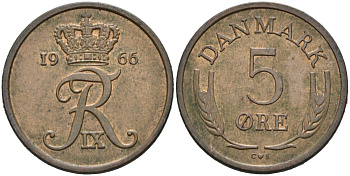 Дания 5 эре 1966 C; S, Фредерик IX (1947-1972) KM 848.1 бронза 4571-331