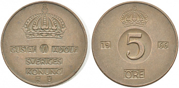 Швеция 5 эре 1966 U, Густав VI Адольф (1950-1973) КМ 822 бронза 77-532