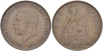 Великобритания 1 пенни 1931 Георг V (1910-1936) KM 838, Spink 4055 бронза 180-1212
