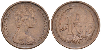 Австралия 1 цент 1966 ОПОССУМ, Елизавета II KM 62 бронза 187-411