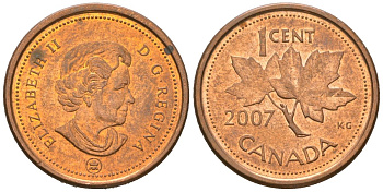 Канада 1 цент 2007 Leaf, Елизавета II (1952-2022), кленовый лист KM 490a сталь плакированный медью aUNC 4385-648