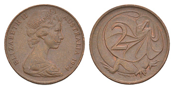 Австралия 2 цента 1974 Елизавета II (1952-2022), плащеносная ящерица KM 63 бронза 4580-121