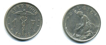 БЕЛЬГИЯ 1 ФРАНК 1929 BELGIE KM 90 никель 37-116