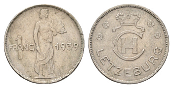 Люксембург 1 франк 1939 Шарлотта (1918-1964) KM 44 медно-никель 95-1222
