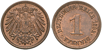 Германия 1 пфенниг 1892 E, Вильгельм II (1888-1918) KM 10, J. 10 медь 4608-614