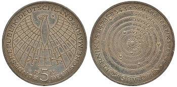 ФРГ 5 марок 1973 J, 500 лет со дня рождения Николая Коперника KM 136, J. 411 серебро 413-4832