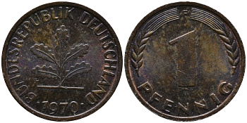 ФРГ 1 пфенниг 1970 F KM 105, J.380 сталь плакированная медью 99-313