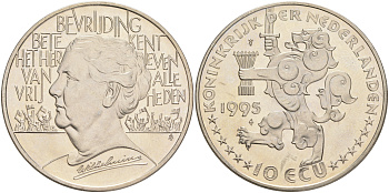НИДЕРЛАНДЫ 10 ЭКЮ 1995 ВИЛЬГЕЛЬМИНА медно-никель UNC 4552-833