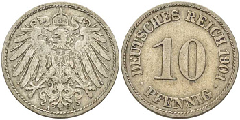 Германия 10 пфеннигов 1901 A KM 12, J. 13, Weege 8 медно-никель 259-817