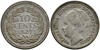Нидерланды 10 центов 1927 Вильгельмина I (1890-1948) КМ 163 серебро 4387-723