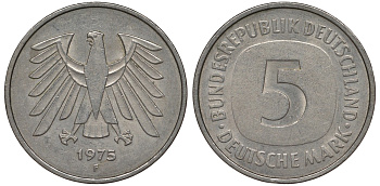 ФРГ 5 марок 1975 F, монетный двор Штутгарт КМ 140.1, J. 415 медно-никель плакированный никелем 4123-814