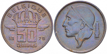 БЕЛЬГИЯ 50 САНТИМОВ 1970 BELGIQUE KM 148.1 бронза 44-125