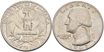 США 25 центов (квотер) 1967 Вашингтон KM 164a медь плакированная медно-никелем 4525-932