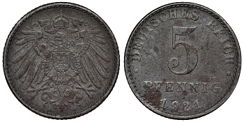 Германия 5 пфеннигов 1921 A KM 19, J. 297, Weege 5 железо 4118-1244