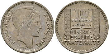 Франция 10 франков 1948 тип Пьер Турин KM 909.1, Le Franc 362.3 медно-никель 4137-624