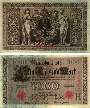 ГЕРМАНИЯ 1000 МАРОК 1910 21 АПРЕЛЯ 1910, СЕМИЗНАЧНЫЙ НОМЕР, СЕРИЯ E Pick 44b бумага 8610-26-1