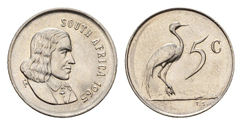 ЮАР 5 центов 1965 Ян ван Рибек (1619-1677), South Africa, легенда на англинском, райский журавль KM 67.1 медно-никель UNC 4640-1012