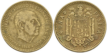 Испания 1 песета 1966 (71) Франсиско Франко (1939 - 1975) KM 796 алюминиевая бронза 4155-356