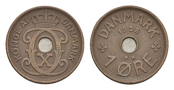 Дания 1 эре 1928 N, Кристиан X (1912-1947) KM 826 бронза 4639-669