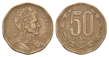 Чили 50 песо 1996 Бернардо О’Хиггинс KM 219.2 алюминиевая бронза 36-455