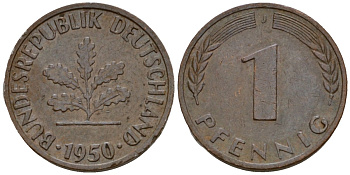 ФРГ 1 пфенниг 1950 J KM 105, J.380 сталь плакированная медью 4602-265