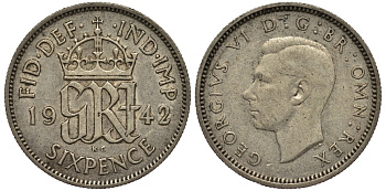 Великобритания 6 пенсов 1942 Георг VI (1936-1952) KM 852, Spink 4084 серебро 4538-457