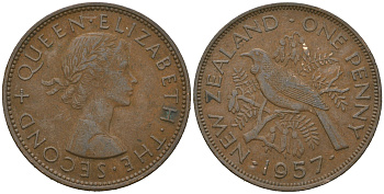 Новая Зеландия 1 пенни 1957 птица туи, Елизавета II (1952-2022) KM 24.2 бронза 4149-225