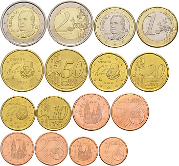 Испания евронабор из 8 монет 2010 1, 2, 5, 10, 20, 50 евроцентов, 1 и 2 евро KM 1040, 1041, 1042, 1070, 1071, 1072, 1073, 1074 UNC 183-551