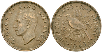Новая Зеландия 1 пенни 1945 Георг VI (1936-1952), новозеландский туи KM 13 бронза 4165-1243