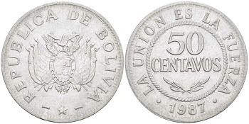 Боливия 50 сентаво 1987 KM 204 нержавеющая сталь 4513-751