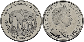 Остров Мэн 1 крона 2014 в память героев первой мировой войны, одинокая лошадь KM NEW медно-никель  UNC M91-02