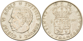 Швеция 1 крона 1954 TS, Густав VI Адольф (1950-1973) KM 826 серебро 3851-954