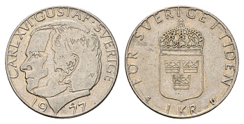 Швеция 1 крона 1977 Карл XVI Густав (1973- ) KM 852 медь плакированная медно-никелем 183-252
