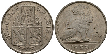 Бельгия 1 франк 1939 Belgique - Belgie KM 119 никель 4603-1243