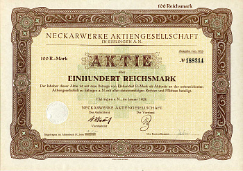 Германия 100 рейхсмарок 1928 АО Неккарверке в Эсслингене, акция   бумага   8801-69-1