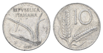 Италия 10 лир 1955 R, плуг, колосья KM 93 алюминий 4704-533