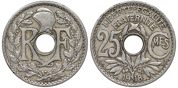 Франция 25 сантимов 1918 KM 867а медно-никель 51-2422
