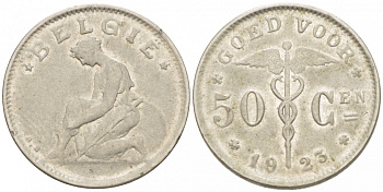 БЕЛЬГИЯ 50 САНТИМОВ 1923 BELGIE KM 88 никель 261-1665