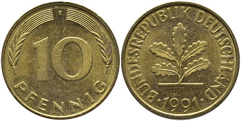 ФРГ 10 ПФЕННИГОВ 1991 F KM 108, J. 383 сталь плакированная латунью UNC 65-1213