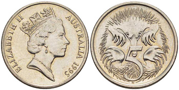 АВСТРАЛИЯ 5 ЦЕНТОВ 1995 ЕЛИЗАВЕТА II, ВТОРОЙ ПОРТРЕТ В КОРОНЕ, ЕХИДНА KM 80 медно-никель 105-325
