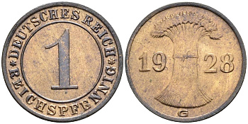 ГЕРМАНИЯ 1 РЕЙХСПФЕННИГ 1928 G KM 37, J. 313, Weege 2 бронза 4547-132
