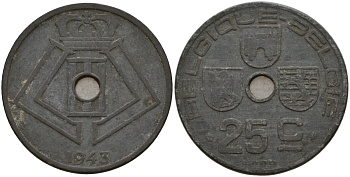 Бельгия 25 сантимов 1943 Belgique - Belgie, Леопольд III (1934-1947), германская оккупация, Вторая мировая война KM 131 цинк 4157-512