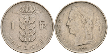 Бельгия 1 франк 1952 Belgie, Бодуэн I (1951-1993) KM 143.1 медно-никель    4187-122