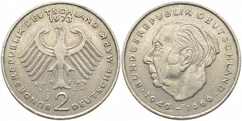 ФРГ 2 МАРКИ 1973 J, ТЕОДОР ХОЙС KM 127, J. 407 медно-никель плакированный никелем 3856-332